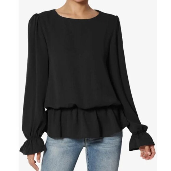 Zenana Blouse Size L Black Long Puff Sleeve Ruffle Peplum Blouse - Picture 1 of 8